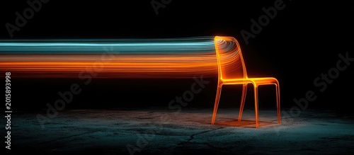 Illuminated chair with streaking lights on dark background