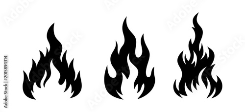Schilderij op canvas Set of black flame silhouettes in flat vector style, burning fire icons and blaz