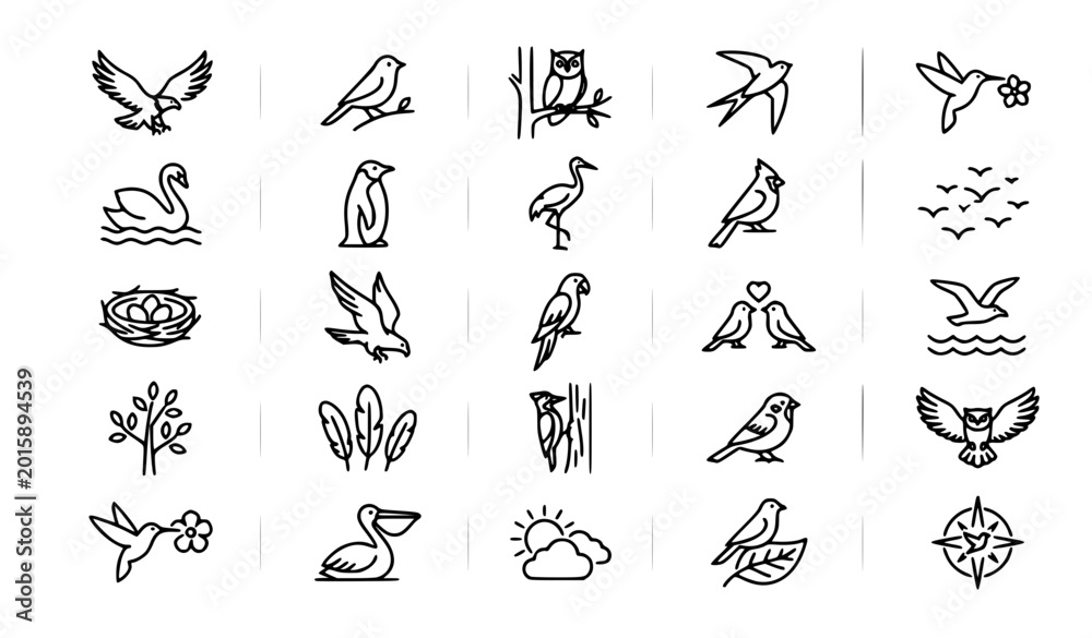 Fototapeta premium A clean minimal vector illustration set of birds thin line icons displayed in a balanced grid on a solid white background. The collection includes different bird species and poses such as flying bird,
