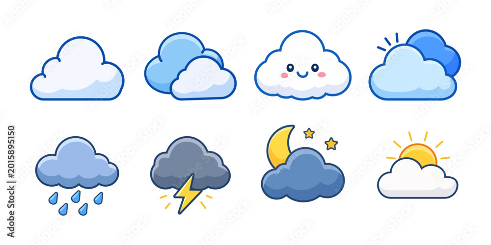 Obraz premium Cute weather icon set with clouds, rain, thunderstorm, moon, and sunshine in flat cartoon style. Adorable climate vector collection for apps, forecasts, and web design.