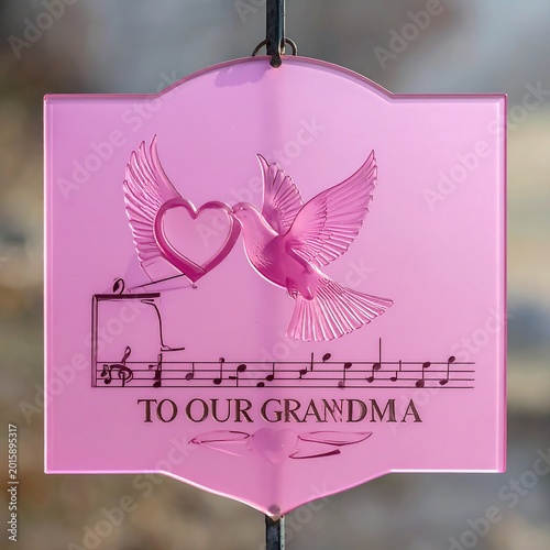 Pink metal sign with heart doves.