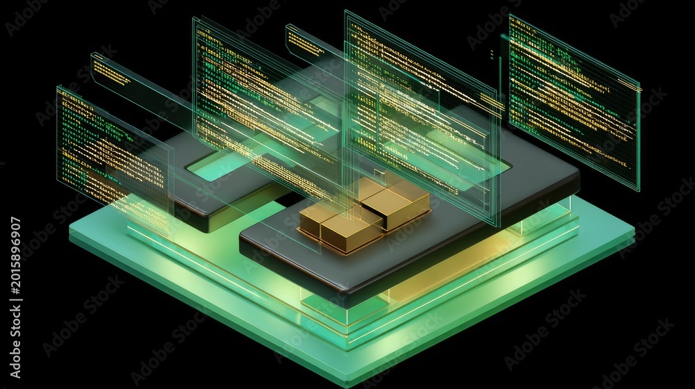 Fototapeta premium Abstract digital layers with glowing code and geometric shapes