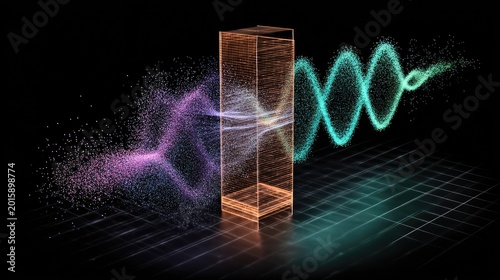 Particles interact with a translucent prism, emitting light waves