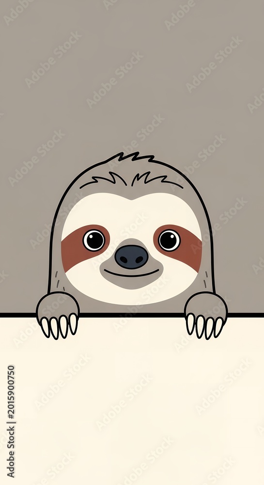 Naklejka premium Adorable cartoon sloth peeking over a blank space, cute illustration of a slow-moving mammal with big eyes and a friendly smile