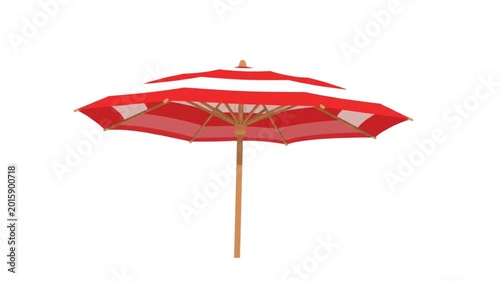 Red and white striped two-tiered beach umbrella with a wooden pole, isolated on a white background.