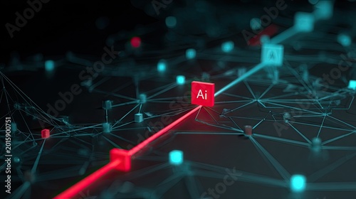 Red arrow highlights AI node in futuristic digital network