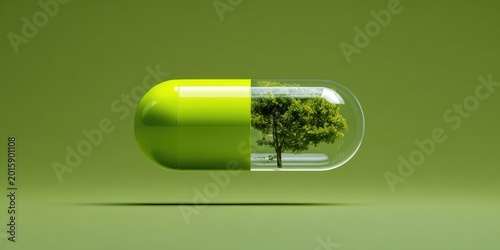 A capsule containing a miniature tree on a green background