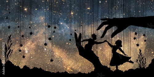 Silhouetted figures dance on a hand beneath a starry sky, reaching