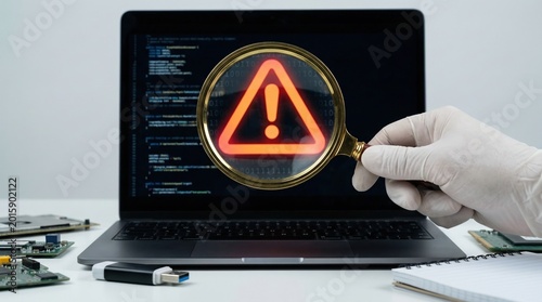 Warning sign on laptop screen under magnifying glass shows ai threats and hacking attempts risk for data leakage protection from malware attack