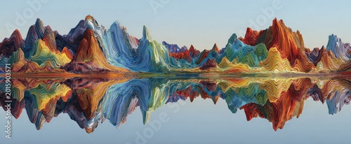 Colorful, textured peaks mirrored on calm water under a pale sky