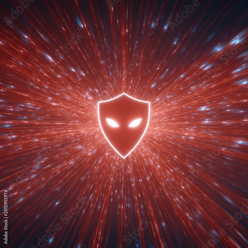 Glowing shield emblem with piercing eyes, radiating outward energy beams