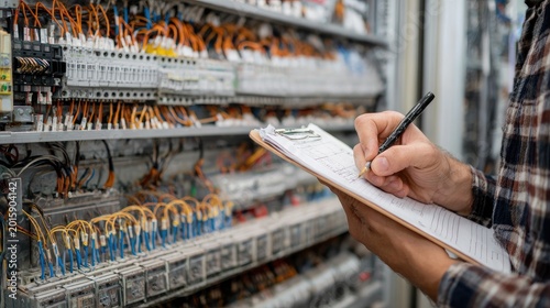 Technician inspects complex electrical panel with wires, circuits, and clipboard