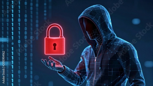 A low-poly stylized hacker figure in a hoodie holds a glowing red padlock, representing cyber threats and online security risks against a digital binary code backdrop.