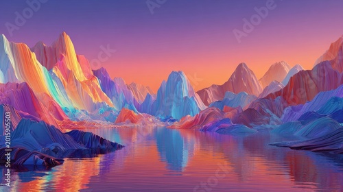 Vibrant, abstract mountain range reflected in tranquil water
