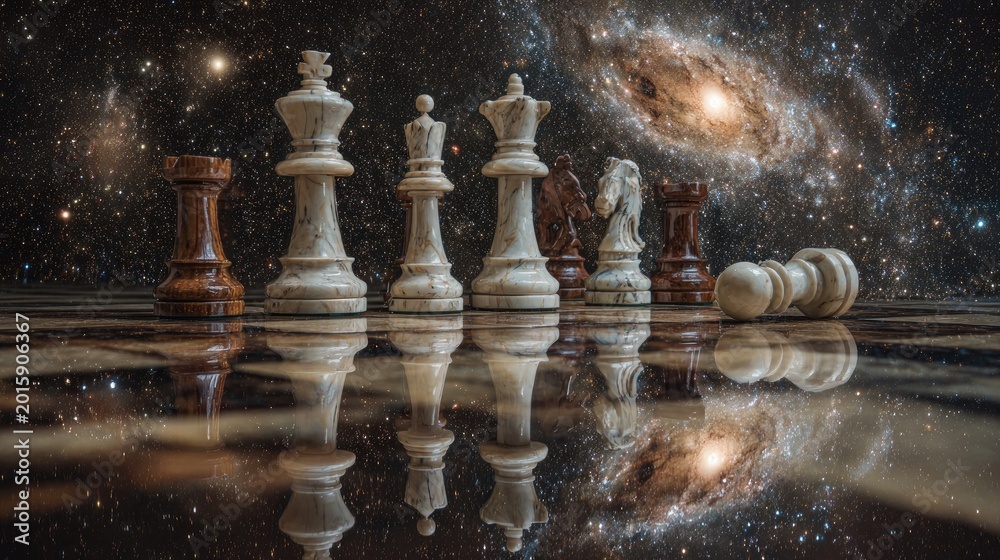 Fototapeta premium Celestial chess pieces on a mirrored surface with galaxy background