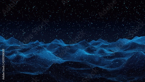 A digital landscape of shimmering blue geometric hills under a starry night sky