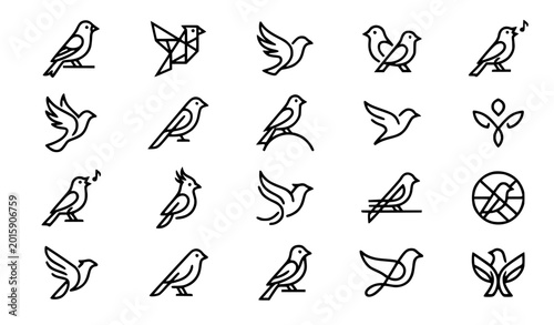 Photos A clean modern vector illustration set of canary bird line icons designed as minimalist logo symbols displayed on a solid white background