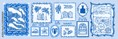 Tropical island beach stamps in doodle sketch blue ink style. Summer surf postal elements with lettering for postcard prints. Ocean vector illustrations for mail, letters and sticker set.