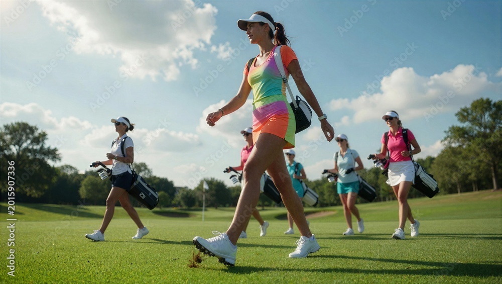 Fototapeta premium Women golfers walking together on a sunny golf course during a game.