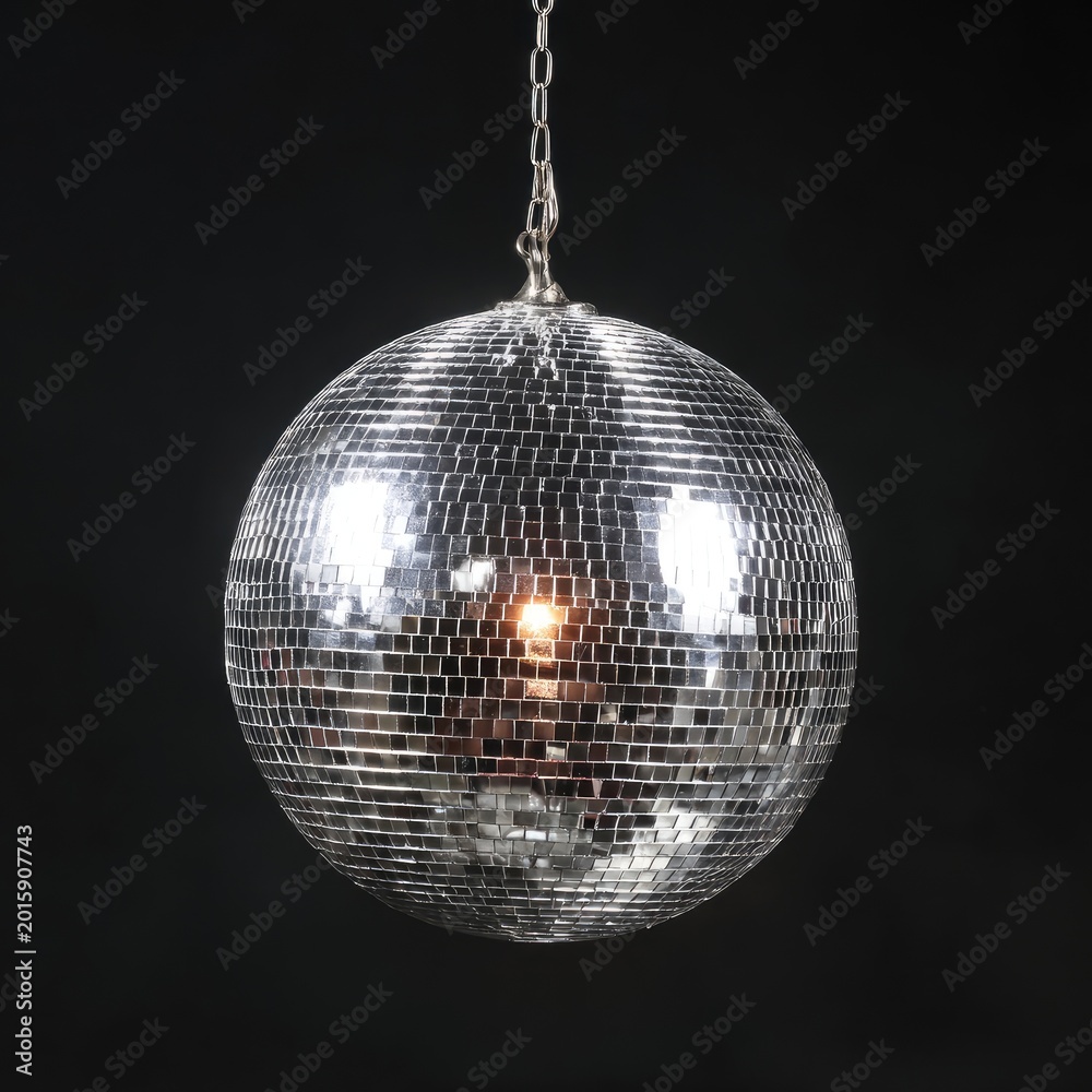 Obraz premium Reflective sphere on chain, emitting light against dark backdrop