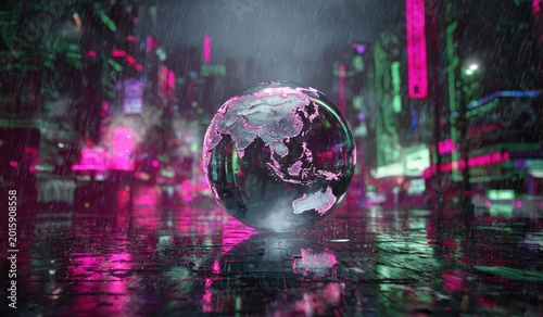 Glowing earth in rain-slicked futuristic city with neon lights
