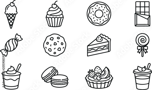Tablou pe pânză Flat line art desserts and sweets illustration set