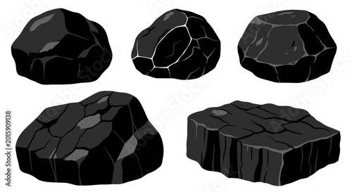 Tableau sur toile Set of black rocks, stones, and boulders with cracks, isolated on white backgrou