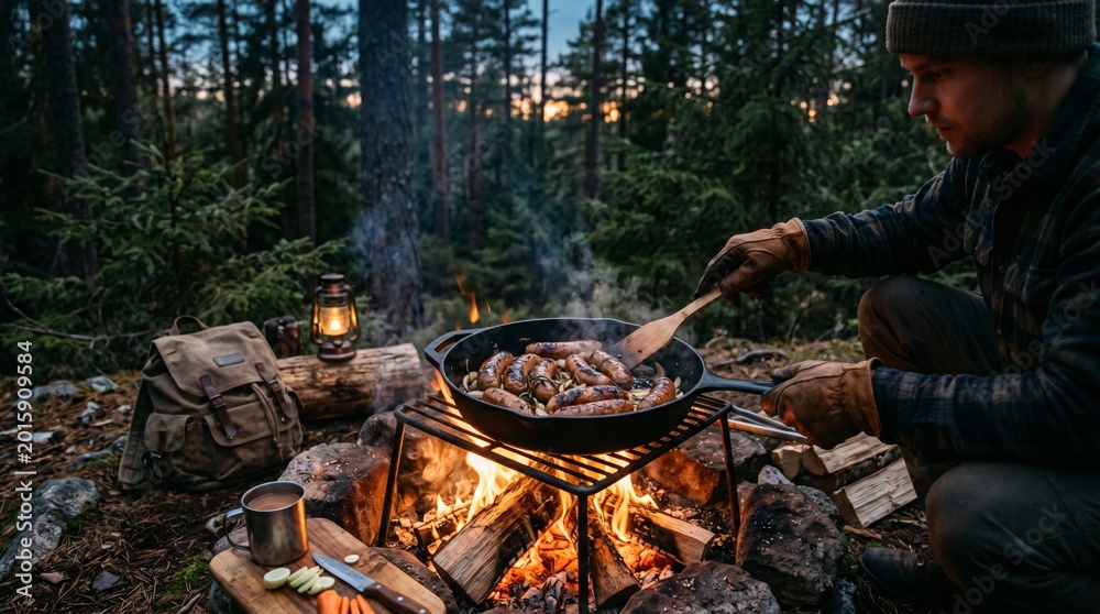 Fototapeta premium Cooking Sausages in Cast Iron Skillet over Campfire in the Woods