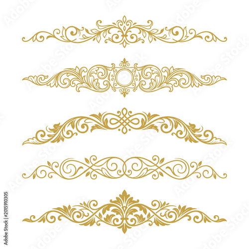 A collection of five elegant gold flourish dividers featuring intricate vintage scrollwork and ornate floral patterns designed for sophisticated wedding invitations, luxury stationery, formal certific