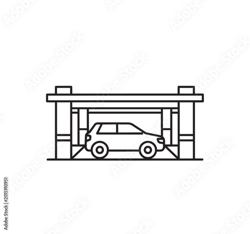 Car under simple covered parking shelter, modern carport outline vector.
