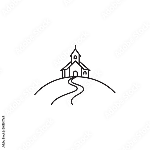 Church building on hill with path leading to entrance simple line drawing.