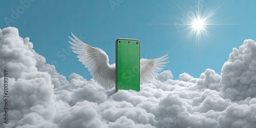 A winged green screen phone floats amidst clouds under a bright sun