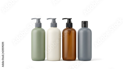 Modern plastic shampoo bottles on white background
