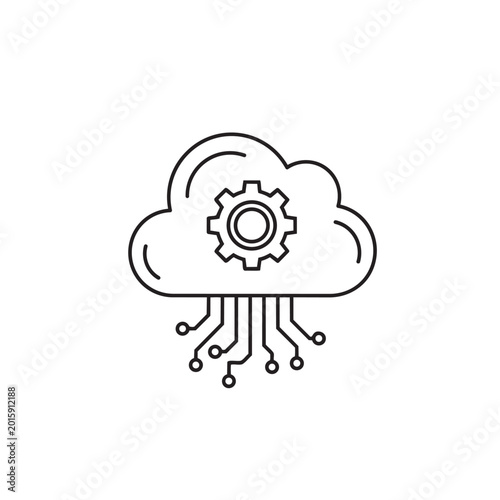 Cloud computing technology icon with gear and circuit board lines.