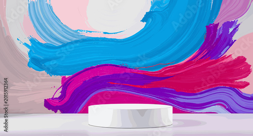 Photography A white podium stands on a reflective surface against a backdrop of vibrant, abstract paint strokes in blue, pink, and purple