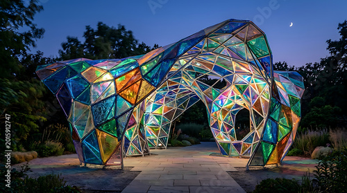 Illuminated architectural sculpture at dusk with crescent moon