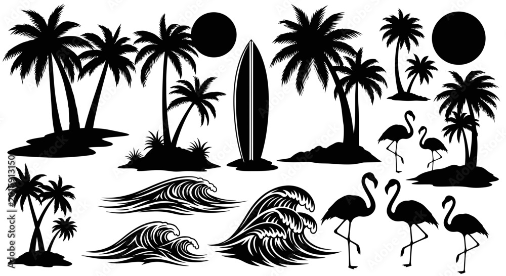 Obraz premium Tropical Paradise Silhouette Collection: Palm Trees, Surfboard, Flamingos, Waves