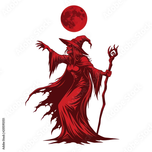 Foto Red Witch with Staff and Blood Moon, Occult Magic, Fantasy Illustration