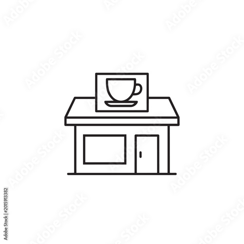 Coffee shop building linear icon showing small storefront with cup sign and glass window.
