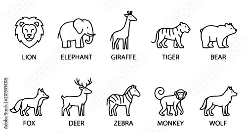 Canvas Print Simple wild animal outline icon set vector minimal line drawing collection isola
