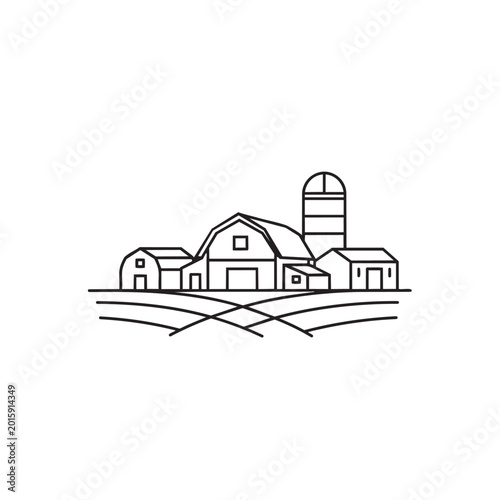 Countryside farm landscape icon featuring barn houses and silo with cultivated agricultural fields.
