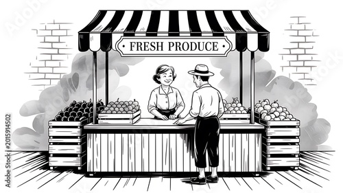 Market stall vendor serves a customer fresh produce at an outdoor street location.