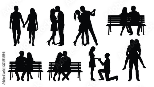 Fotografie Collection of romantic couple silhouettes in various poses black and white silho