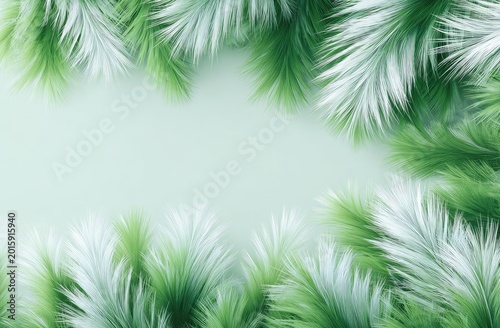 Soft, frosty evergreen branches frame a pale mint green background