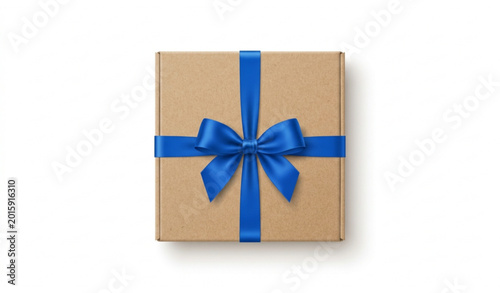 Fotografie Cardboard gift box with blue ribbon and bow realistic present vector isolated on