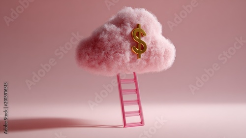 Fluffy pink cloud with golden dollar sign, ascended by ladder