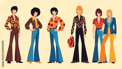 Group of people dressed in vibrant 1970s disco fashion, featuring flare pants and patterned shirts, pose confidently in a retro lineup.