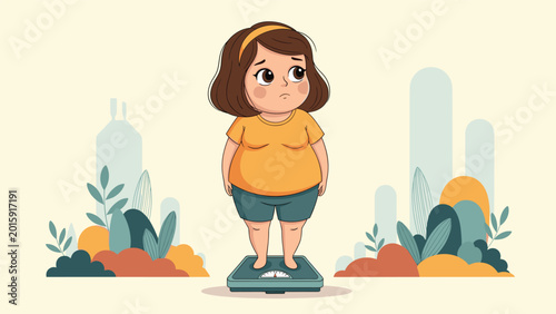 Sad young girl standing on a bathroom scale and looking concerned about her weight against a background of abstract organic shapes.