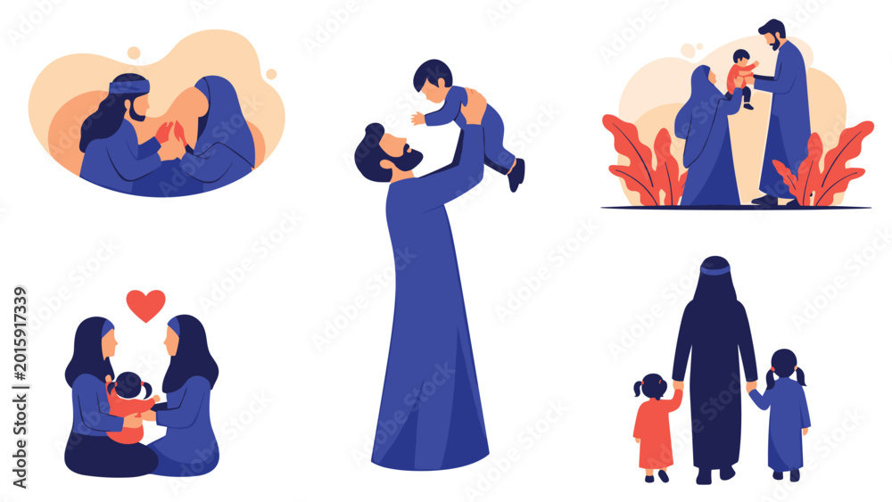 Fototapeta premium Diverse scenes of Muslim families including a father playing with his son and parents spending time with their daughters.