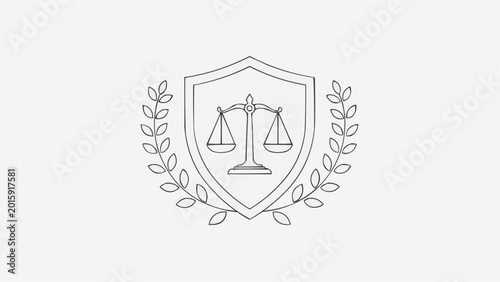 Legal emblem featuring scales of justice and laurel leaves on a light background